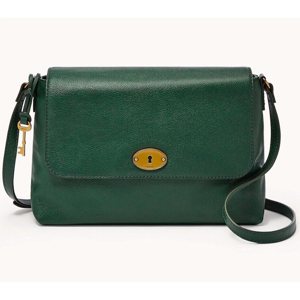 S Fossil Gabriella Dark Green Leather Medium Flap Crossbody SHB3007298 NWT $280